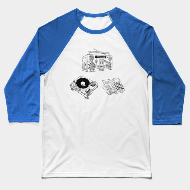 Boombox, Beat Maker, Turntable (Black Lines) Analog / Music Baseball T-Shirt by Analog Digital Visuals